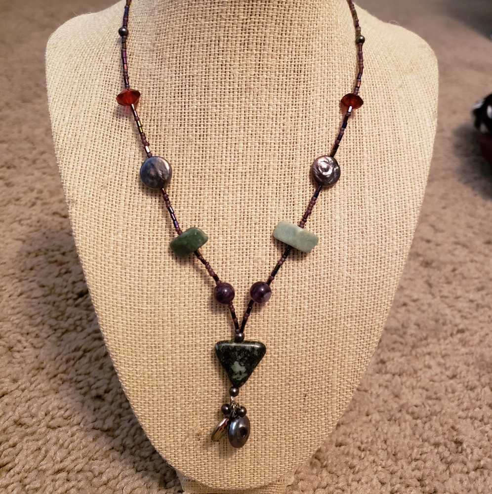 Green and purple gemstone / glass beaded necklace